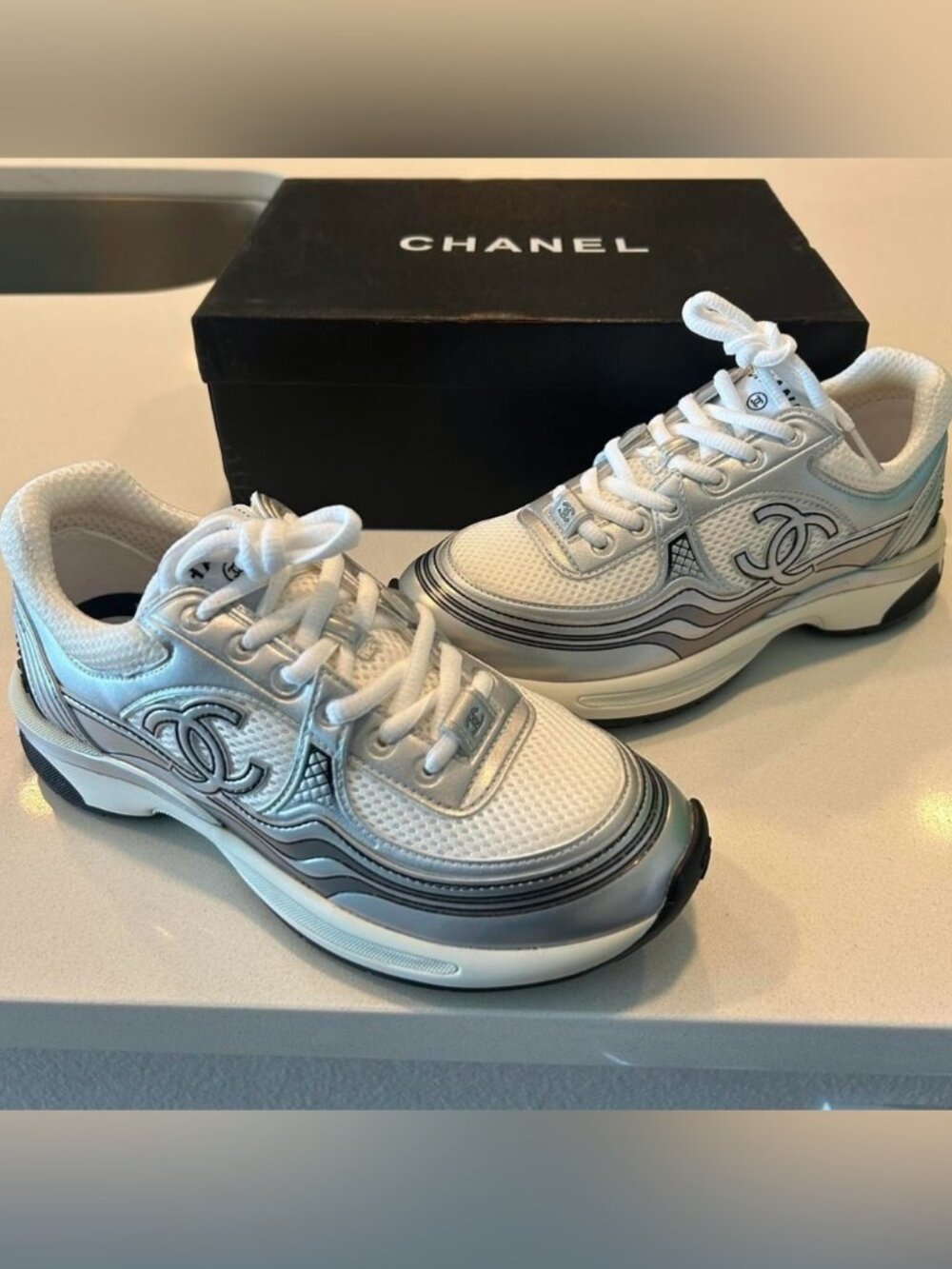 CHANEL White & Silver Women’s Sneakers Mesh